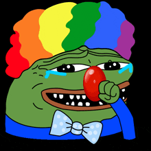 a cartoon frog wearing a rainbow clown wig and bow tie