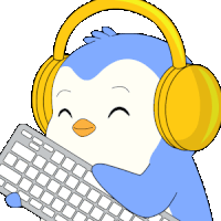 a penguin wearing headphones holds a keyboard