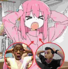 a man and a girl are standing next to each other with their hands on their head .