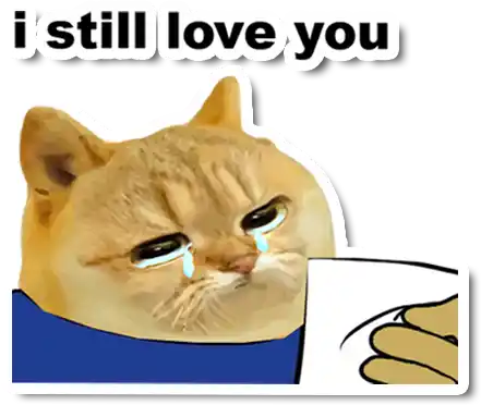 a cat is crying while holding a cup with the words i still love you above it