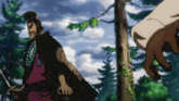a man holding a sword stands next to a tree