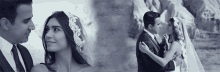 a black and white photo of a bride and groom standing next to each other .