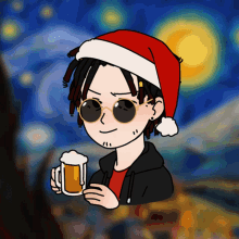 a cartoon of a man wearing a santa hat holding a beer mug