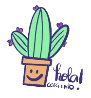 a drawing of a cactus with a smiling face and the words hola casa cielo below it
