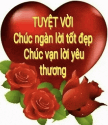 a red heart surrounded by red roses with the words tuyet voi in yellow letters