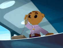 a cartoon character talking on a phone with a blue background