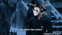 a cartoon of a man saying " my watch has ended " with maleficus origin at the bottom