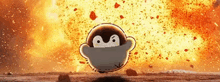 a penguin is standing in front of a large explosion .