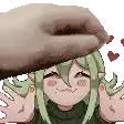 a pixel art drawing of a girl with green hair and a hand holding a donut over her head .