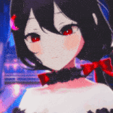 a close up of a girl with red eyes and a bow around her neck
