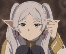 a girl with white hair and blue eyes has pigtails on her head