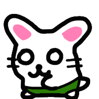 a cartoon drawing of a cat with pink ears and a green tongue