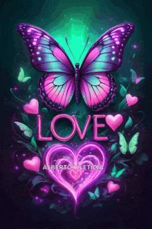 a butterfly is surrounded by hearts and the word love is above it