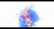 a girl in a blue jacket and a red hat is holding something in her hands ..