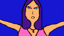 a cartoon drawing of a woman with purple hair and a necklace with the letter l on her face