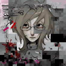 a drawing of a girl with glasses and scissors in the background