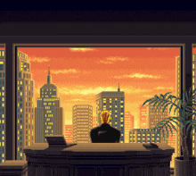 a pixel art of a man sitting at a desk looking out a window at a city