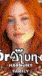 a close up of a woman 's face with the words " harmony family " below her