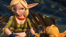 a cartoon character is standing next to a stuffed animal in a video game