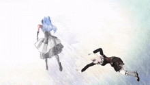 a girl with blue hair is running towards another girl who is laying on the ground