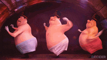 three fat cartoon characters are dancing in a tunnel with the word decider below them