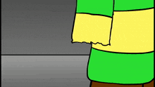 a cartoon character with a green shirt and a yellow scarf is standing in front of a wall .