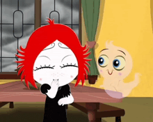 a cartoon of a girl with red hair and a ghost in the background