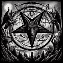 a black and white drawing of a goat in a pentagram surrounded by demons