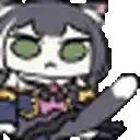 a cartoon cat with green eyes is holding a bat and a bow tie .