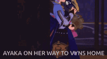 a cartoon of ayaka holding a fan with the words ayaka on her way to vyns home