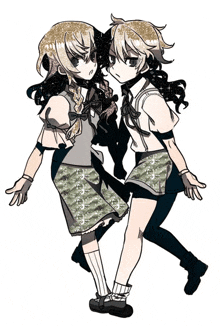 a black and white drawing of two girls standing next to each other on a white background
