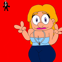 a cartoon of a woman giving a peace sign with a scream character in the background