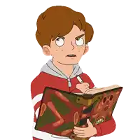a cartoon of a boy holding a book with a skull on the cover