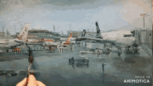 a painting of planes at an airport is made in animatica