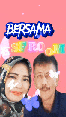 a man and a woman are standing next to each other with a pink background that says bersama room