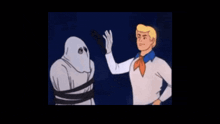 scooby doo holds a pillow over a bald man 's head