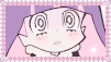 a close up of a cartoon character 's face with a purple background and a pink border .