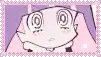 a close up of a cartoon character 's face with a purple background and a pink border .