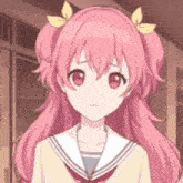 a girl with pink hair and yellow flowers in her hair is wearing a school uniform and looking at the camera .