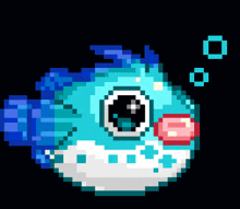 a pixel art drawing of a blue fish with bubbles coming out of its mouth