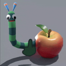 a cartoon worm is giving a middle finger to an apple