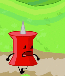 a cartoon drawing of a red pin and a green leaf with a thought bubble