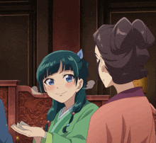 a girl with green hair is talking to a woman