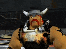 a cartoon character wearing a viking helmet with horns and a bone around his neck