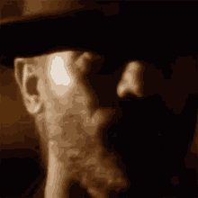 a man with a beard is wearing a cowboy hat and looking at the camera .