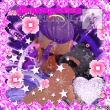 a picture of a woman with purple hair is surrounded by pink stars