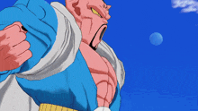a cartoon character in a blue and white outfit with a fist in the air