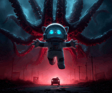 a cartoon illustration of an astronaut being attacked by a monster