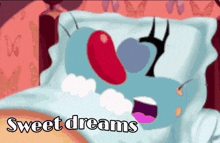 a cartoon character laying on a bed with the words sweet dreams written below it