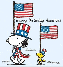 a cartoon of snoopy and woodstock holding american flags with the words happy birthday america